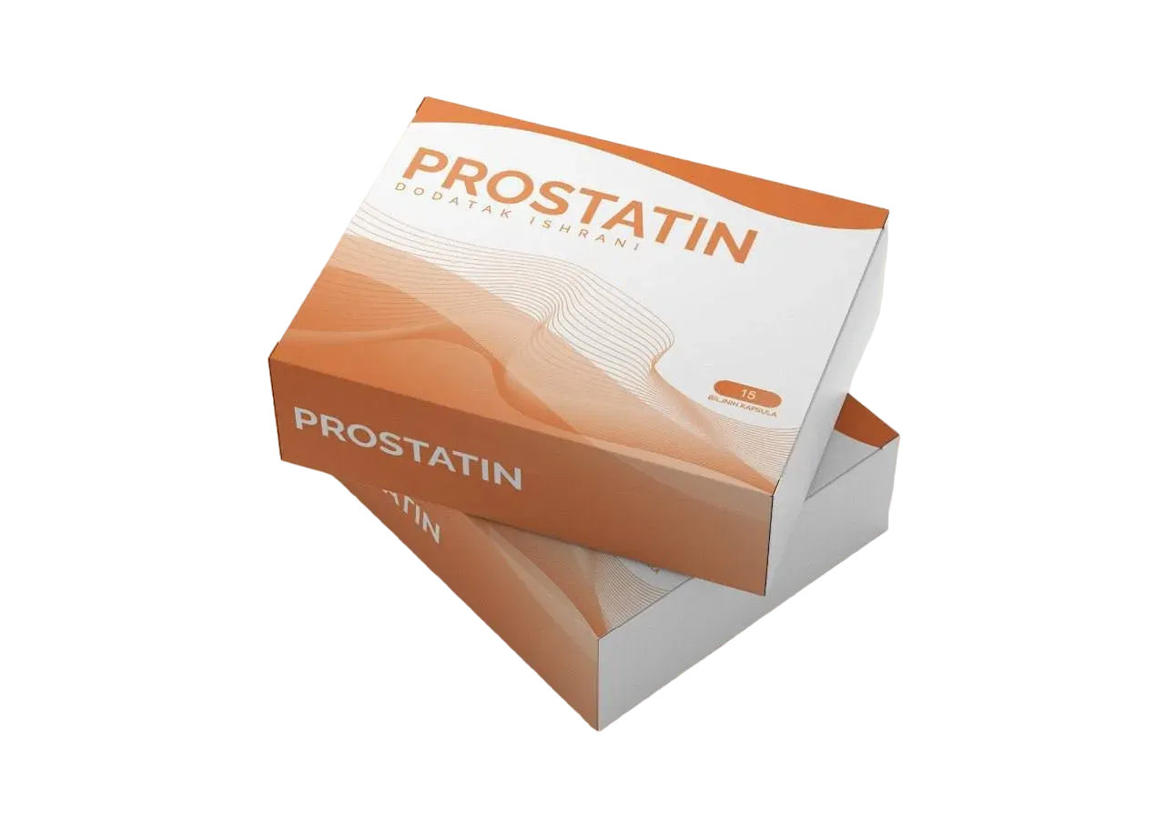 Kutija PROSTATIN, dodatak ishrani, 15 biljnih kapsula: narandžasto-bela ambalaža